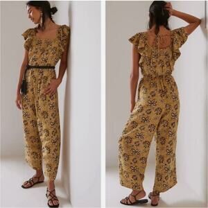 Anthropologie Kopal Myra Jumpsuit Women's Sz XS Yellow Motif 100% Cotton Romper